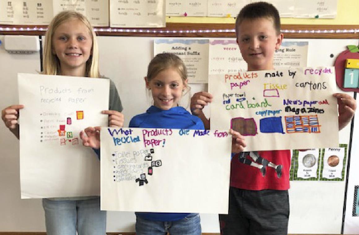 Mullen 2nd, 3rd and 5th grades competed in the Goodwill Club of Family & Community Education’s poster and essay contests. The first place of each class goes on to the state competition. The second grade’s poster theme was, “What Products Are Made From Recycled Paper?” Pictured l-r: 1st place Hadley Marsh, 2nd place Olivia Cox, 3rd place Hayden Deibler. Emily Brown