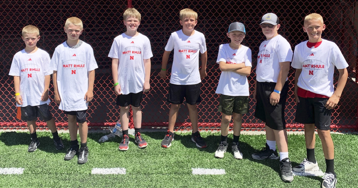 Mullen was well represented at the Matt Rhule Football Camps held in Lincoln at Memorial Stadium last month. Eight local youth attended the June 19th morning camp for grades 3rd-6th. Pictured l-r: Ryden Ourada, Weston Ourada, Jackson Newman, Caleb Deibler, Kyler Marsh, Collin Donohoe, Teal Peterson. Not pictured: Hayden Deibler. Other Mullen Broncos who attended Matt Rhule Football Camps were Chase Gracey, Jack Coble, Bronx Burney and Cylas Dent. Nichole Ourada