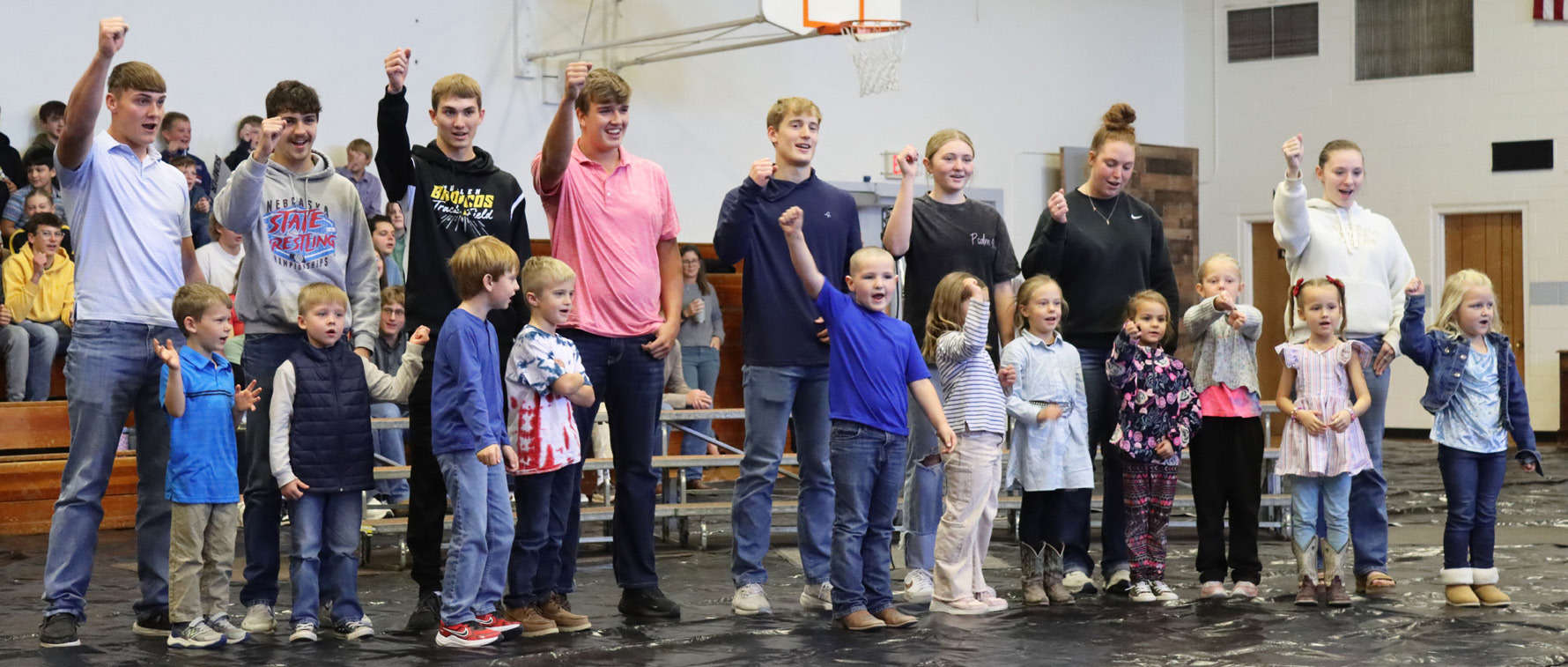 The Mullen seniors and kindergartners sang “Clap For Our Veterans” together at the Veterans Day program last week. Pictured back, l-r: Tate Kvanvig, Jaylon Forsen, Cayden Hampton, Jacob Walker, Alex Werner, Hayley Donohoe, Morgan Hassett, Trinity Marks. Front: Johnny Phillips, Martin Connealy, Clay Cribelli, Tate Seeley, Kane Simmons, Quinley Schmid, Emerson Phipps, Josey Boland, Harper Barnes, Stevie Johnson, Violet Stichka. Gerri Peterson