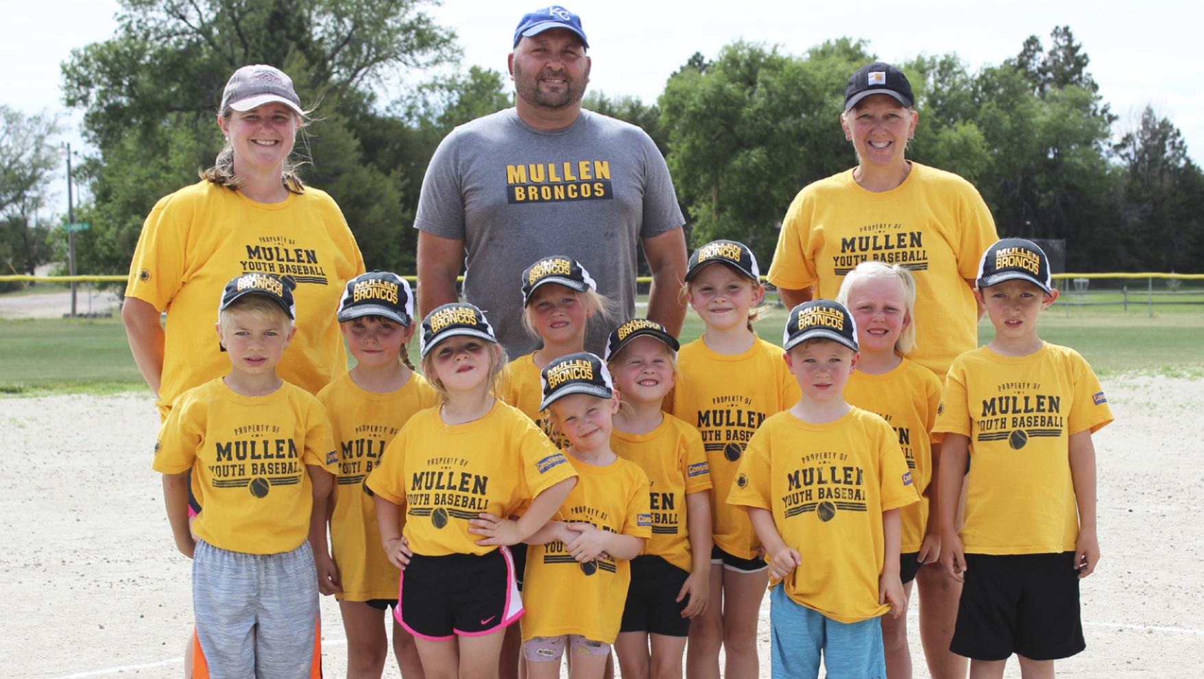 T-ball team, l-r: Killian Kearns, Aislynn Connealy, Eve Ericksen, Danielle Peterson, Aurora Polt, Charlotte Raudsepp, Sadie Hoyt, Tate Phillips, Daryl Deibler, Marcus Lattin. Coaches, l-r: Jessica Polt, Casey Phillips, Justa Deibler. Not pictured: Finnegan Connealy, Holt Morrison, Merick Lattin. Gerri Peterson