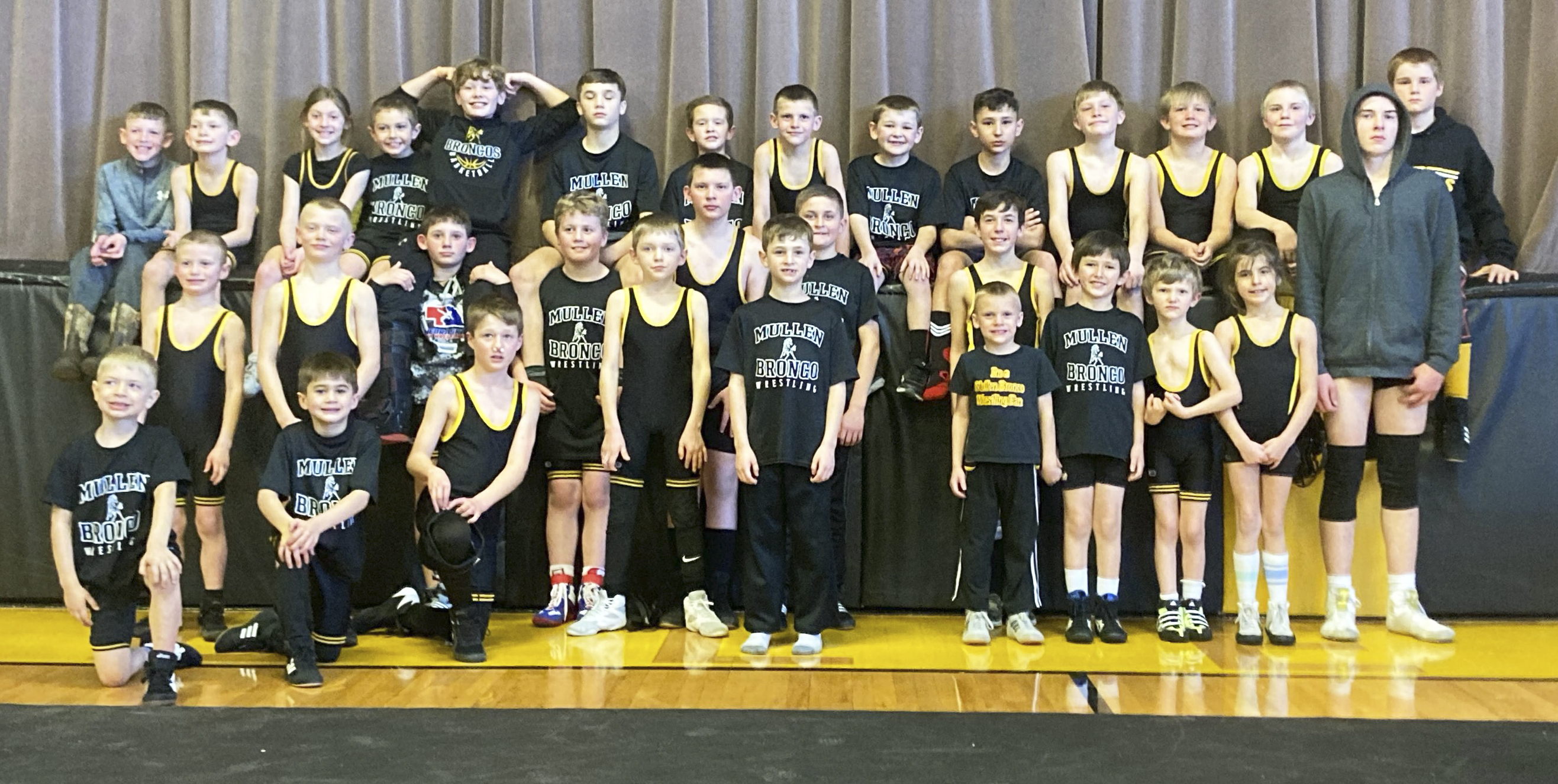 The Mullen youth wrestling team hosted a triangular on Sunday, Jan. 22 with Hershey and Valentine. Hershey first defeated Valentine 20-11. Mullen won 27-17 over Hershey and then 31-10 over Valentine. Pictured back, l-r: Duke Miller, Cooper Phillips, Olivia Cox, Grady Phipps, Cody Walker, Bo Pettit Jr., Holt Morrison, Luke Cox, Tripp Jewell, Gunner Brown, Gus Wingebach, Caleb Deibler, Jedd Kraus, Justin Kraus. Middle: Ryden Ourada, Weston Ourada, Colin Connealy, Trenton Billingsley, Cort Cox, Bronx Burney, B