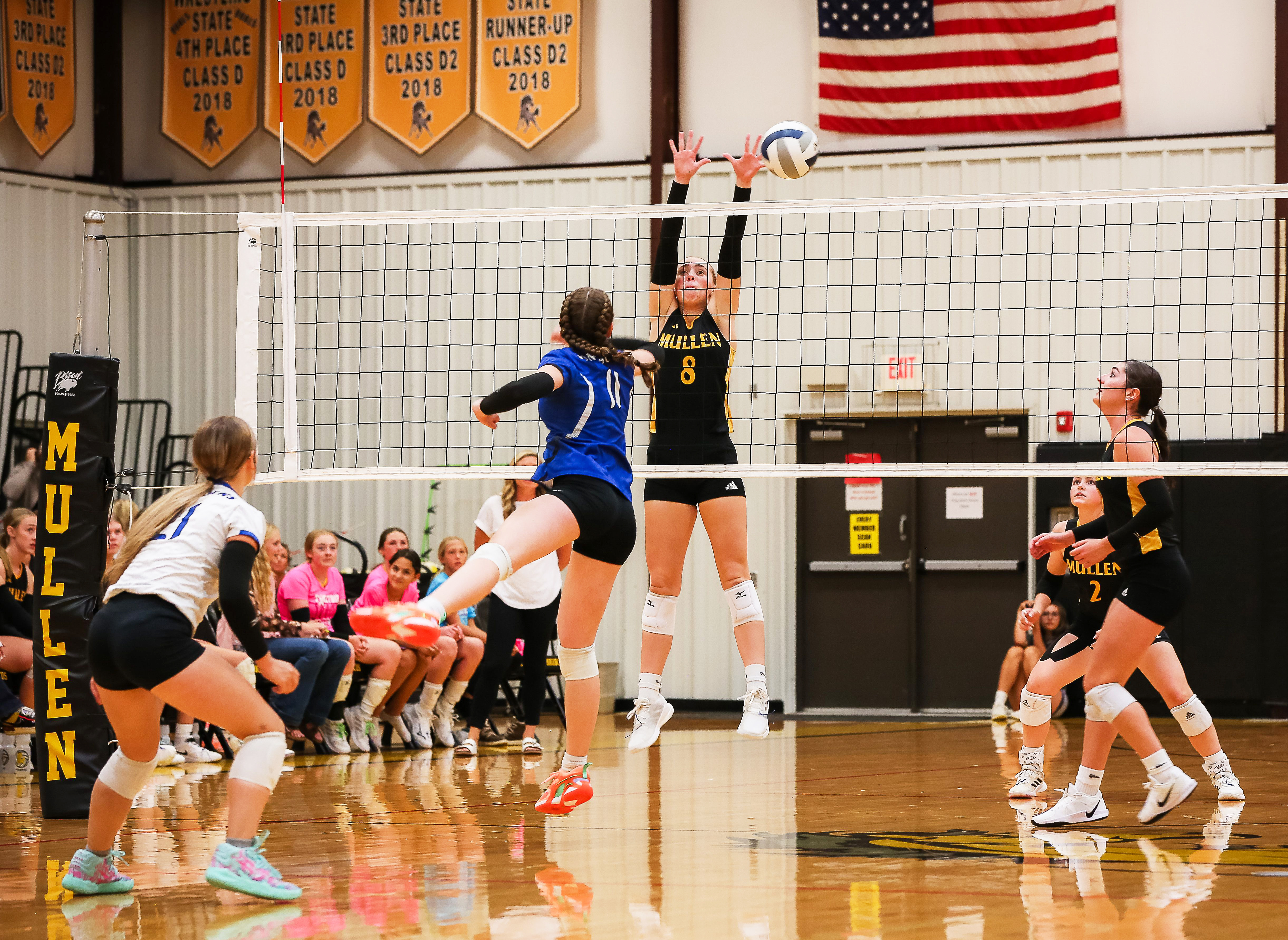 Harper Andersen goes up for a block in the Homecoming game against Hyannis last Friday.