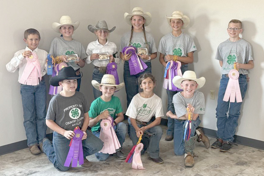 4-H horse competitors, back l-r: Grady Phipps, Audrabell Werth, Kendall Phipps, Hope Miller, Kaisley Phipps, Oakes Miller. Front: Zach Hicks, Tripp Jewell, Finley Mundorf, Duke Miller. Tami Miller