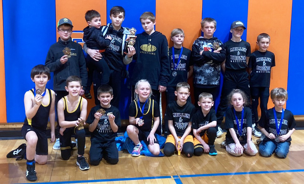 Mullen youth wrestlers pictured at Gordon, back l-r: Cylas Dent, Bo Pettit holding Brek Dent, Justin Kraus, Gus Wingebach, Caleb Deibler, Jedd Kraus, Grady Phipps. Front: Marcus Lattin, Holt Morrison, Tru Mundorf, Daryl Deibler, Eli Barnes, Jaxson Barnes, Dailie Dent, Merick Lattin. Steven Dent