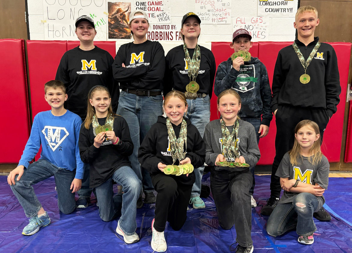 Mullen Marksmen competing at state bb gun and air rifle are pictured back, l-r: Jessa O’Brien, Hannah O’Brien, Adelyn O’Brien, Colin Connealy, Teal Peterson. Front: Ransom O’Brien, Rainne O’Brien, Sadie Hoyt, Danielle Peterson, Aleah O’Brien. Not pictured: Jaxson and Eli Barnes, Holt Morrison, Zach Hicks, Duke, Oakes and Hope Miller. Gerri Peterson