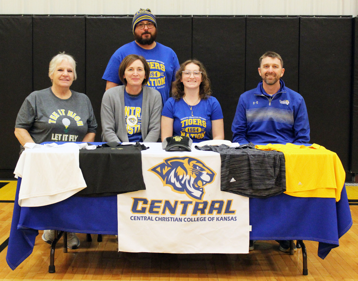 MHS senior Corynn Corbin signed her letter of intent to golf at Central Christian College of Kansas in McPherson, Kansas, last Thursday, Jan. 4. Corynn is pictured with her grandma Chris Sittler and parents Tony and Gini Corbin, along with her golf coach next year Kyle Moody. Gerri Peterson