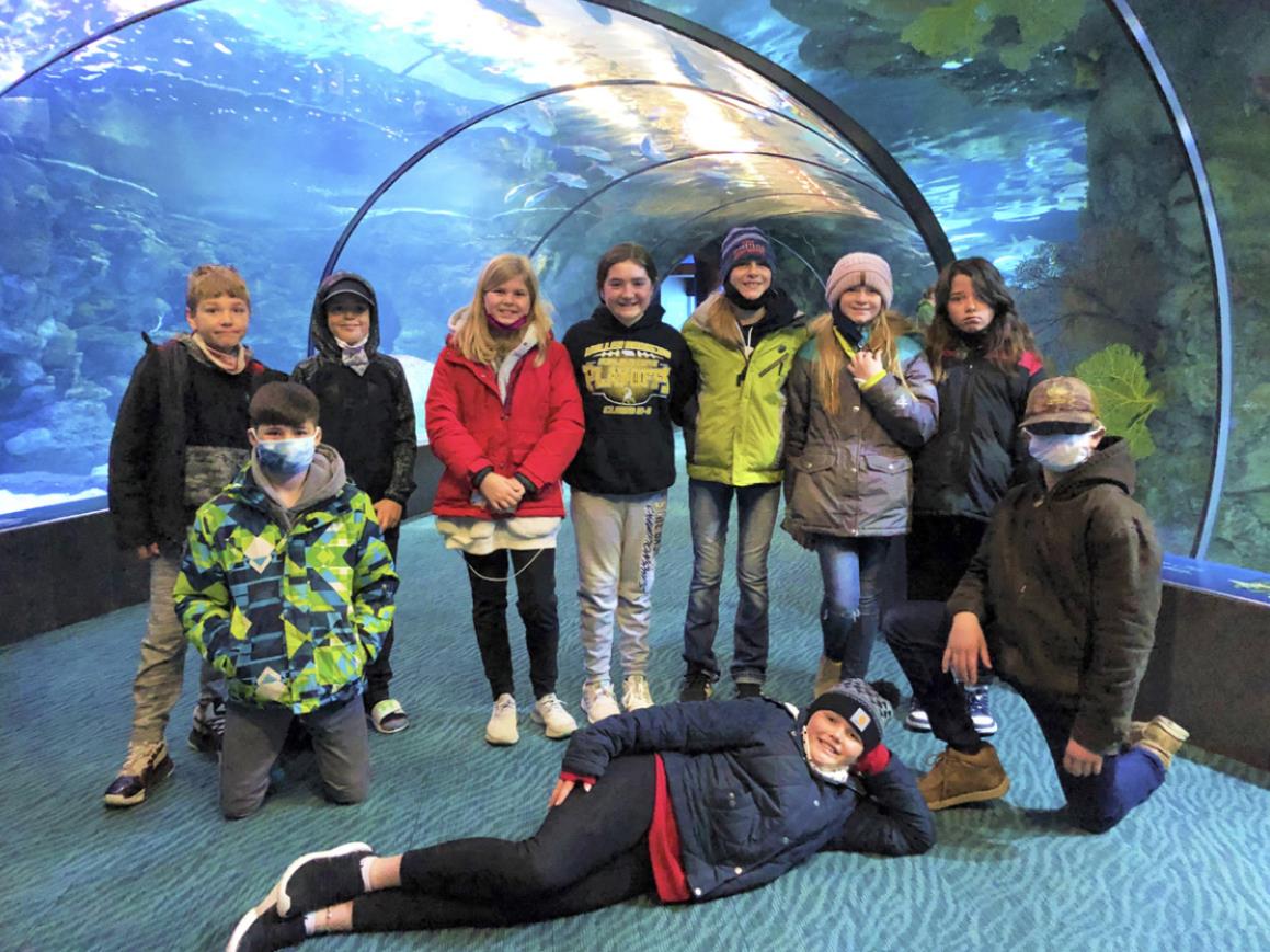 Fifth graders in the shark tunnel at the zoo, where they spent the night! Pictured back, l-r: Colby Kessler, Ben Werner, Chloe Newman, Jenna Donohoe, Brynne McCully, Lola Wingebach, Liberty Edington. Front: Cian Connealy, Emerson Thorberg, Andrew Byrd.