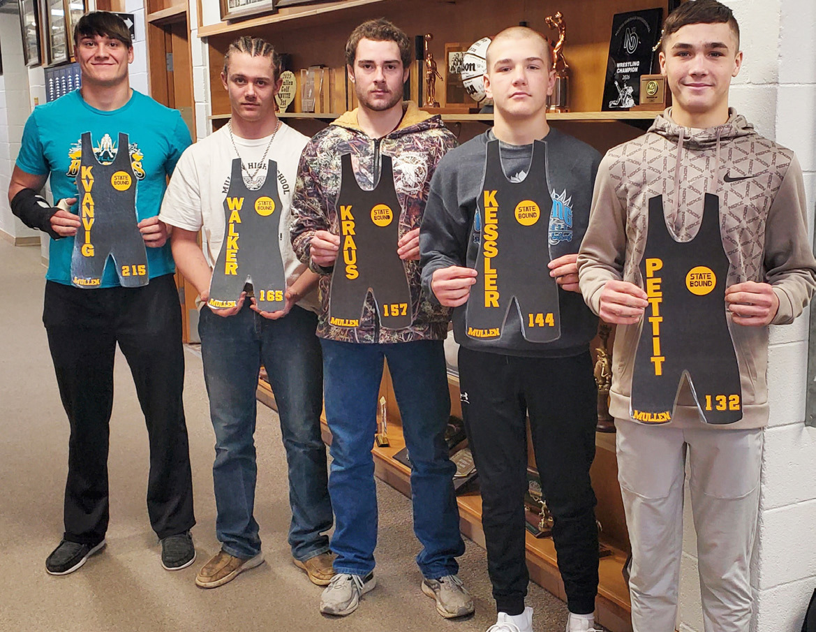Boys State Wrestling qualifiers, l-r: Tate Kvanvig (215), Cooper Walker (175), Jason Kraus (157), Colby Kessler (144), Bo Pettit, Jr. (132). Mike Kvanvig