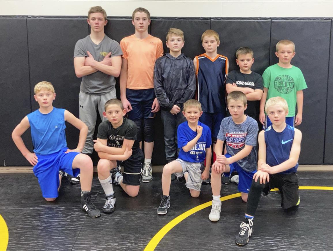 Mullen’s youth wrestling State qualifiers, pictured back l-r: Cooper Walker, Jason Kraus, Colby Kessler, Justin Kraus, Carson Hegland, Caleb Deibler. Front: Cody Walker, Colin Connealy, Grady Phipps, Cylas Dent, Jedd Kraus. Steven Dent