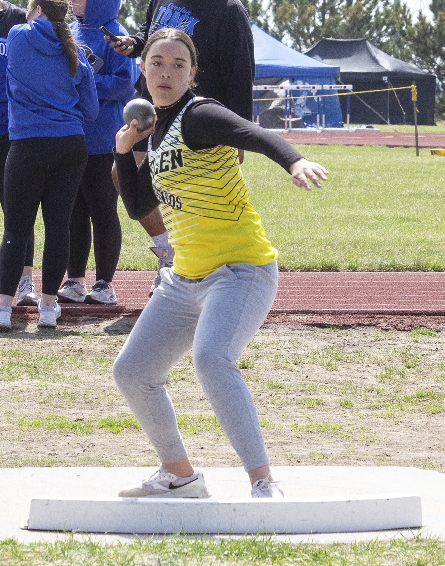 Mercedes Garner competing in the shot put in Bertrand. Carolee Brown