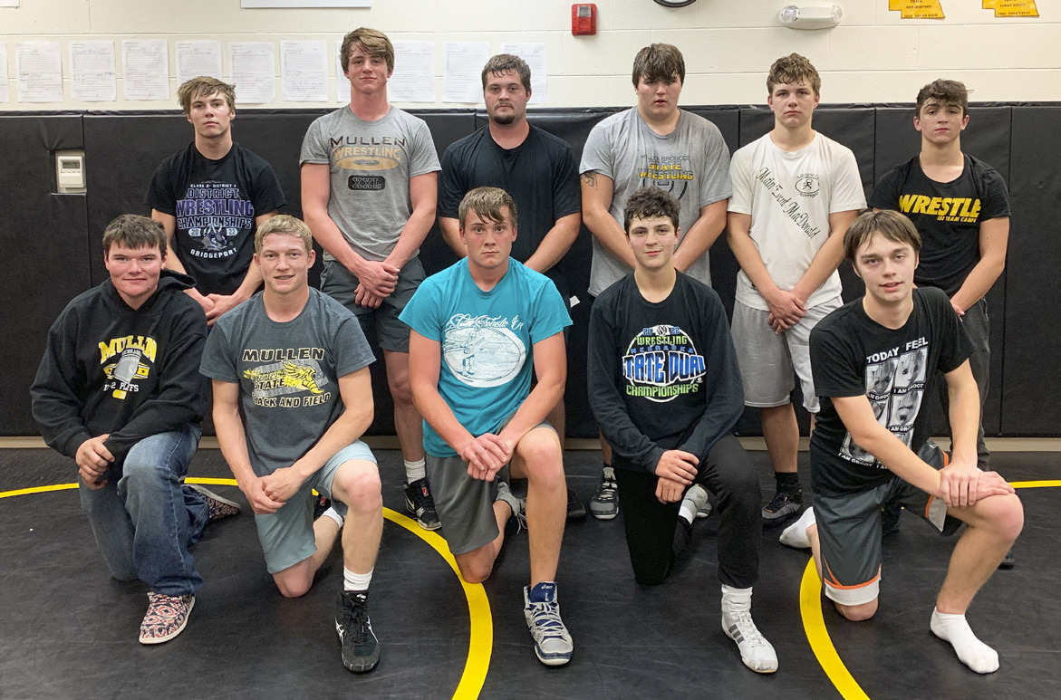 Wrestling, pictured back l-r: Eli Paxton, Chase Gracey, Tel Kvanvig, Isaac Welch, James Kessler, Jeffery Forsen. Front: Owen Thorberg, Justin French, Tate Kvanvig, Jaylon Forsen, Jacob Wingebach.