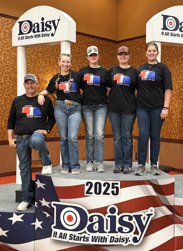 The air rifle team placed 5th out of 33 teams at nationals. Pictured l-r: Coach Bryan Miller, Hope Miller, Adelyn O’Brien, Jessa O’Brien, Hannah O’Brien.