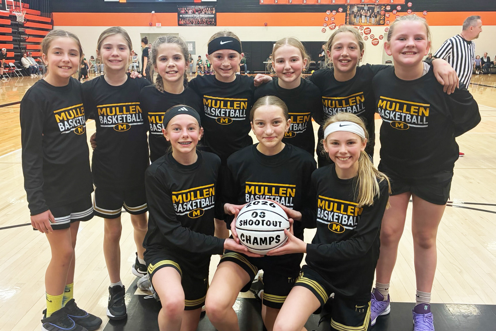 Four Mullen youth basketball teams competed in the two-day Ogallala Shootout tournament February 14-15. The sixth grade girls team went 4-0 to win their division. Pictured back l-r: 5th graders Lillian Ericksen, Clara Seeley, Abbigail Mundorf, Avery Vinton, Elle Gracey, Emri Dent, Ella Walz. Front: 6th graders Kendall Phipps, Parker Vinton, Ayden Lee. Callie Vinton