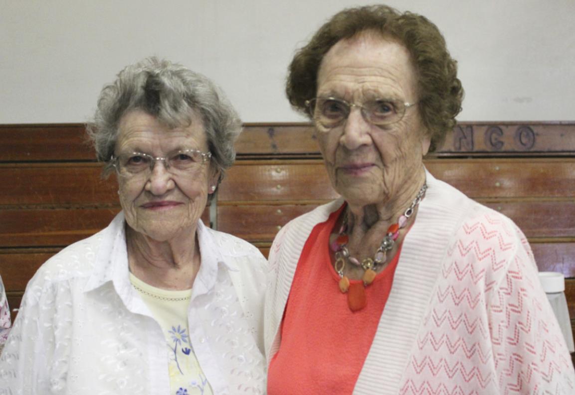 The oldest class in attendance at the alumni banquet was 1938, with Fedora Humphrey Groenewold (left) and June Anders Morris. Gerri Peterson
