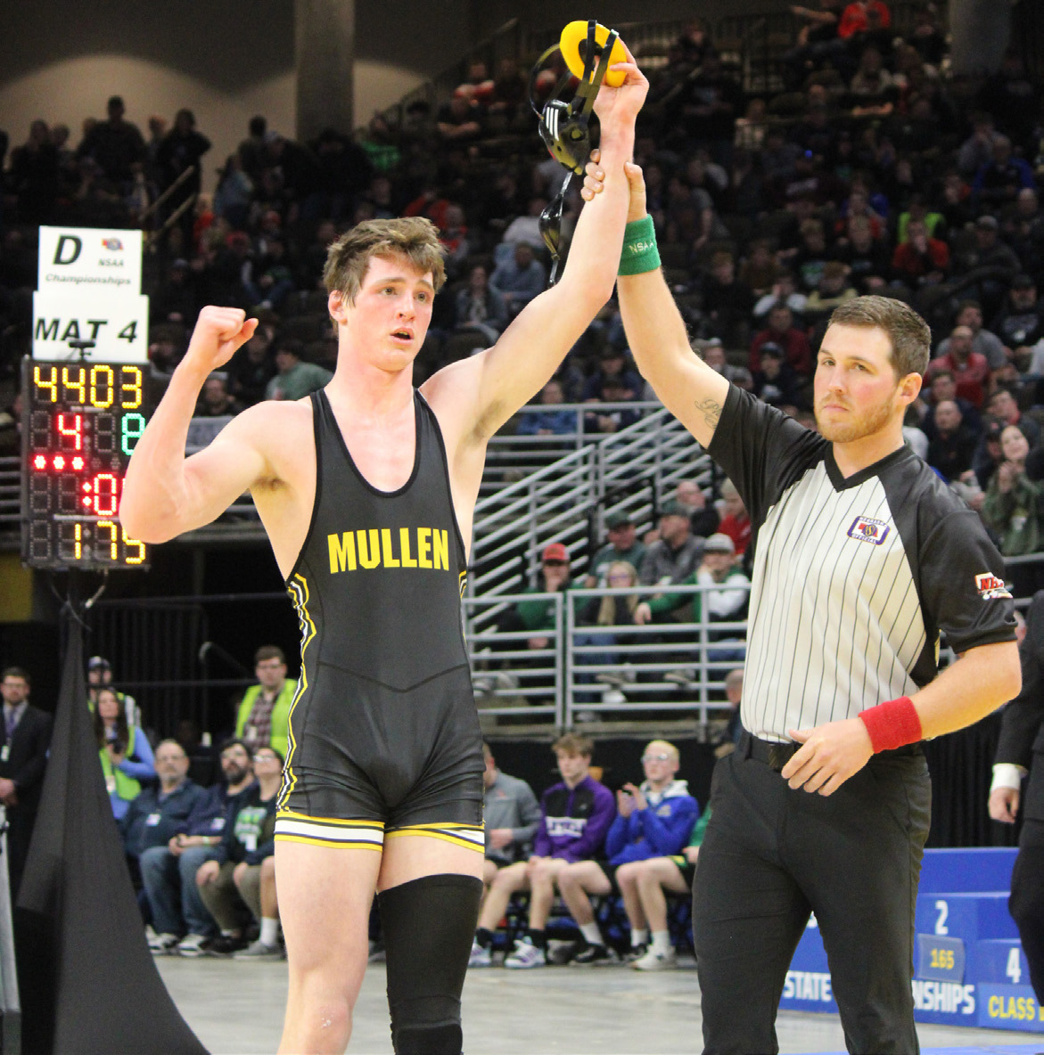 MHS senior Chase Gracey after winning the Class D 175 State Wrestling gold medal on Saturday, Feb. 17 in Omaha, defeating undefeated Wyatt Urkoski of High Plains Community 8-4!