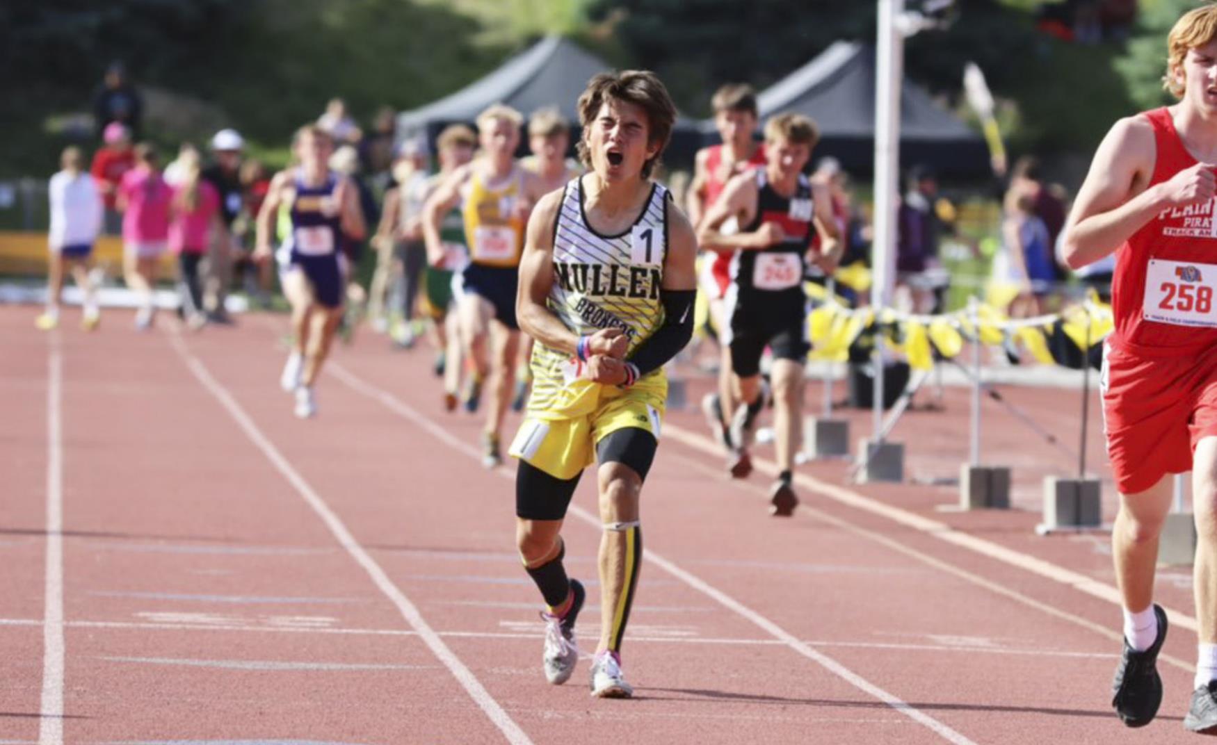 Trevor Kuncl reacts to winning the Class D boys 3200 meter run at State Track last Friday. Prep Running Nerd