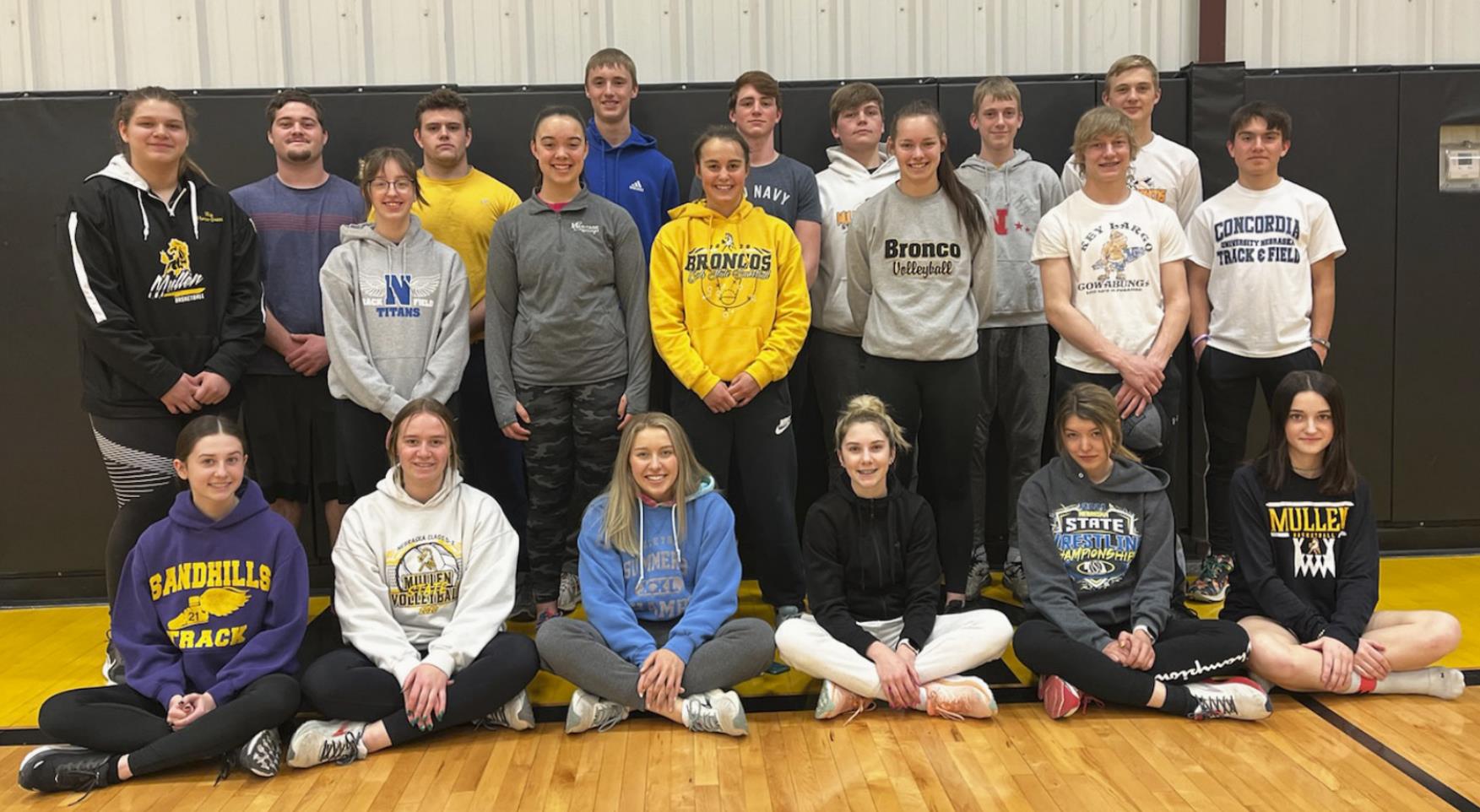 Girls and boys track teams, standing l-r: Mia Flores-Green, Tel Kvanvig, Malia Oltmer, Adam Wiens, Mercedes Garner, Alex Moore, Callie Coble, Chase Gracey, Cade Groseth, Shelby Welsh, Kaleb Moore, Justin French, Clayton Moore, Trevor Kuncl. Front: Allie Boyer, Jadyn Andersen, Taylor Svoboda, Peyton Paxton, Medora DeNaeyer, Fayth Brown. Not pictured: Jaden Emerson, Alli Loughran, Lauren Schoonveld. Gerri Peterson
