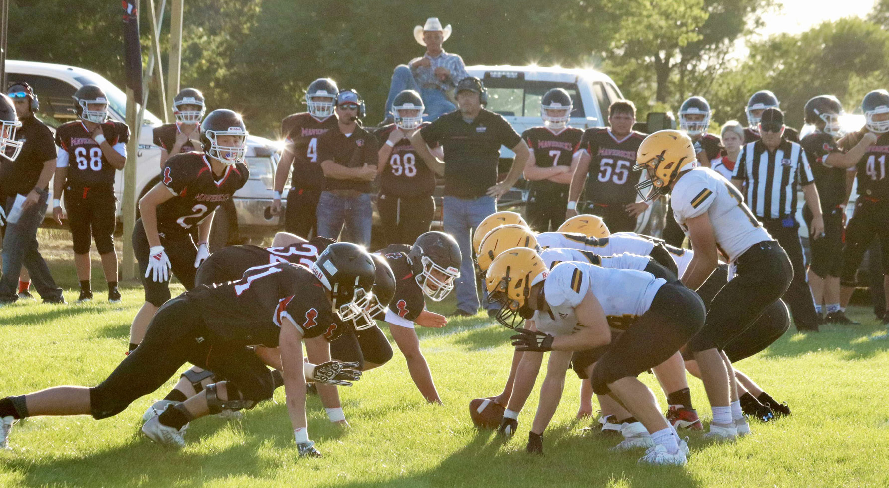 The Broncos wait for quarterback Jaylon Forsen to call the play at Tryon last Friday. Carolee Brown