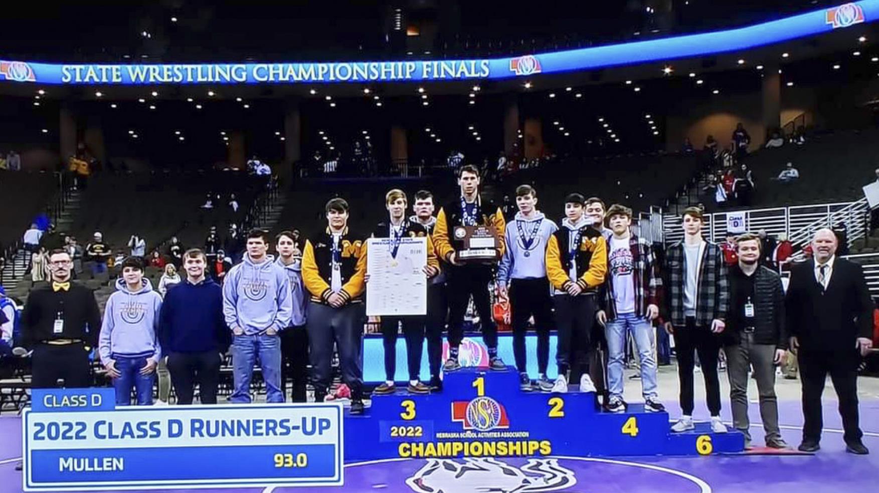 Class D State Wrestling Runners-up, pictured l-r: Assistant Coach Bo Pettit, Student Manager Jaylon Forsen, Student Manager Tate Kvanvig, Spencer DeNaeyer, Jarren Forsen, Isaac Welch, Eli Paxton, Owen Thorberg, Sean Simonson, Kyle Durfee, Jeffery Forsen, Tel Kvanvig, Andrew Harvey, Chase Gracey, Assistant Coach Ty Kvanvig, Head Coach Russ Monette. courtesy photo