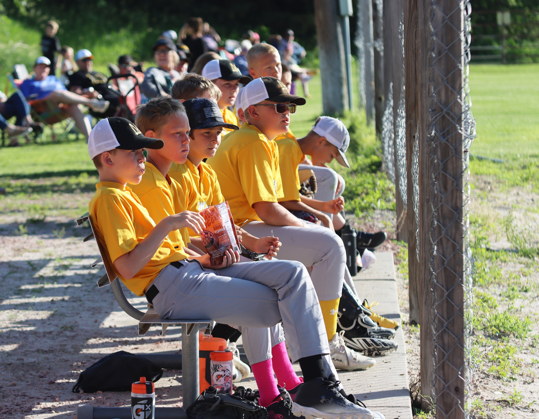 Gerri Peterson With sunflower seeds in hand, the baseball team bench watches the action Monday evening as they won their tournament game 11-3 against Arnold. The Broncos will play Stapleton in the championship game this Thursday, June 26, in Mullen. The consolation game will begin at 4:30 p.m., with Mullen’s game to follow about 6:00-6:30 p.m. Concessions will be available.