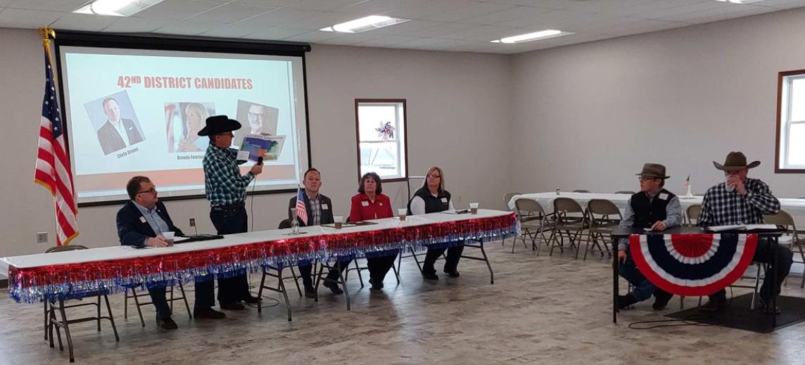 42nd District Legislative candidates answer questions last Sunday at the Hooker County Community Center. Judy White