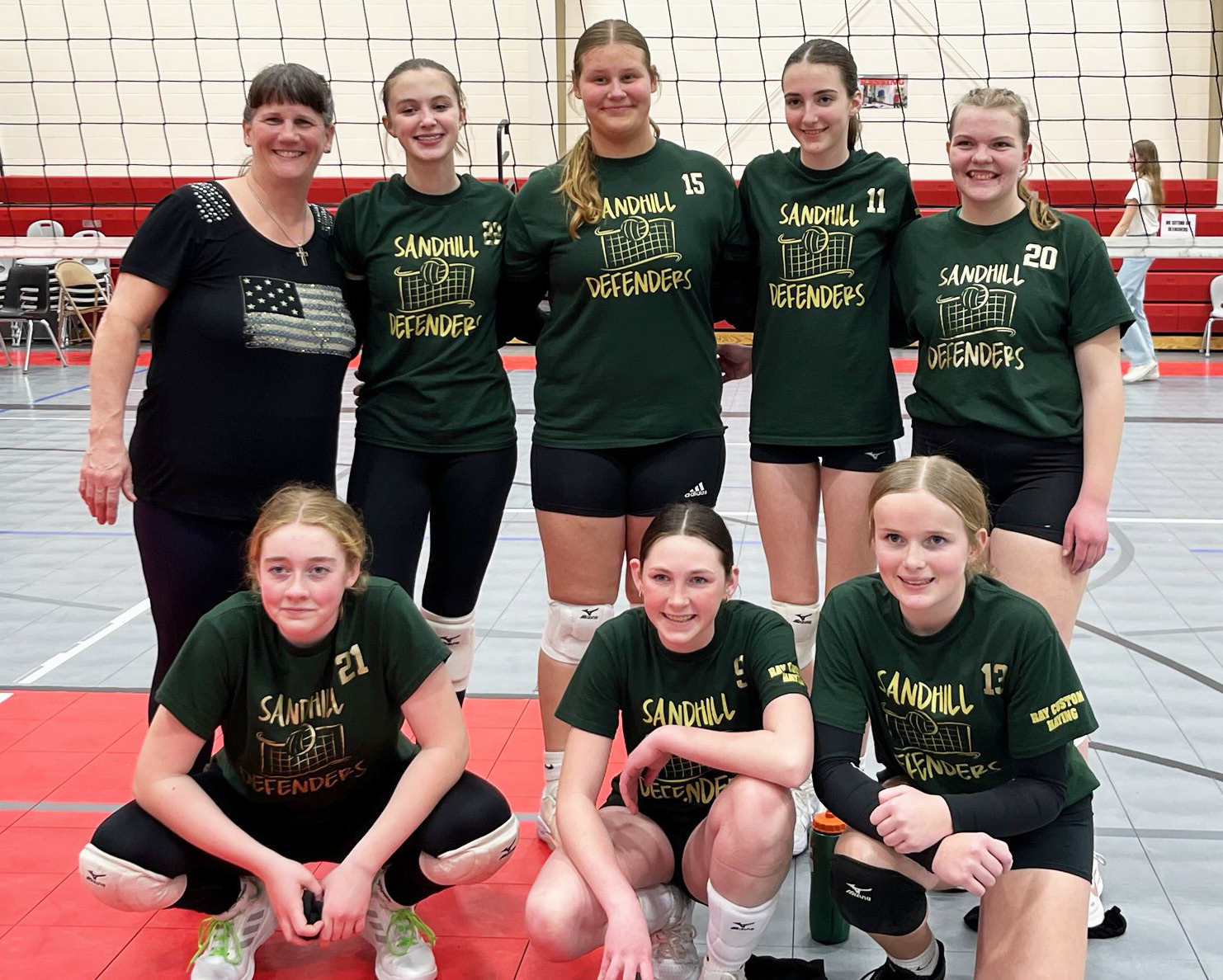 The Sandhill Defenders volleyball team competed at the 4 Corners Club Tournament in Broken Bow on Sunday, March 9. Pictured back, l-r: Coach Barb McIntosh, Josie Morrow, Kaley Rasmussen, Abby Gracey, Maci Walz. Front: Kassidy Cheever, Breckyn Burney, Whytlea Cooley. The tournament was split into 3 pools, with the team missing the championship pool by 3 points, seeding them 1st in the consolation pool. The girls won that pool by beating Kearney VB and Level Up. courtesy photo