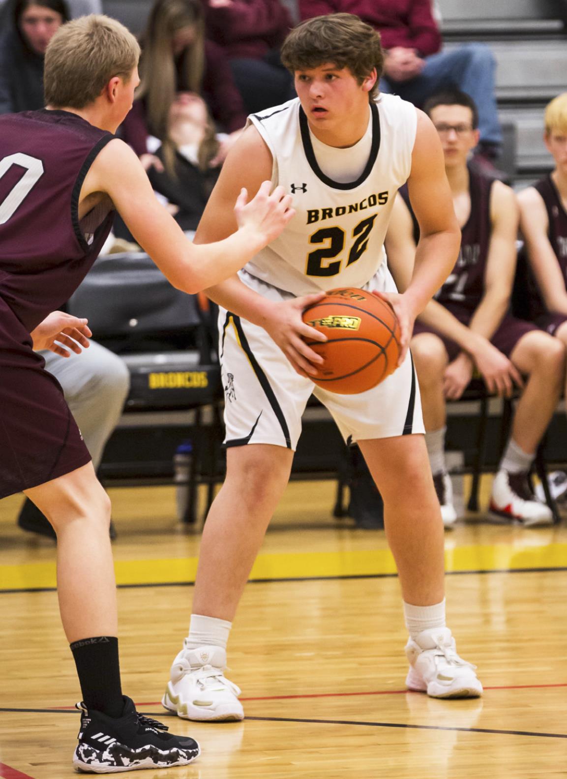 Deacon DeNaeyer on the court during the Broncos’ basketball game against Twin Loup last week. Megan Andersen