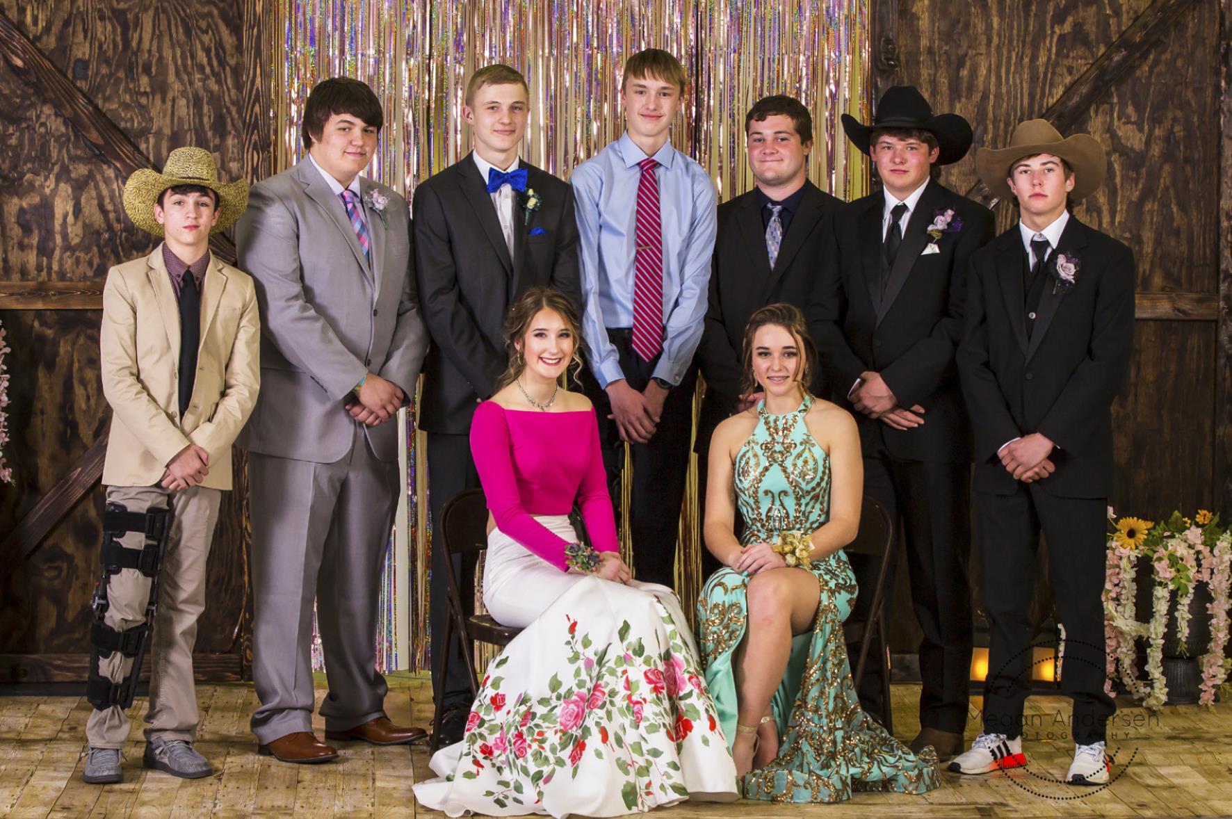 MHS sophomores at Prom last Saturday, March 20, back l-r: Jeffery Forsen, Isaac Welch, Clayton Moore, Alex Moore, Tel Kvanvig, Deacon DeNaeyer, Eli Paxton. Front: Whitney Jennings, Izabella Brown. Megan Andersen Photography