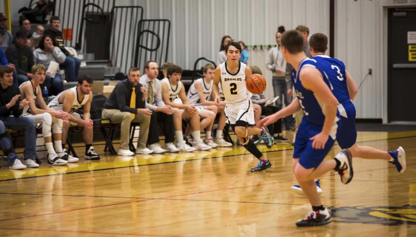 Trevor Kuncl moves the ball up the court last Saturday at the Hilltop Gym against Wallace. Megan Andersen