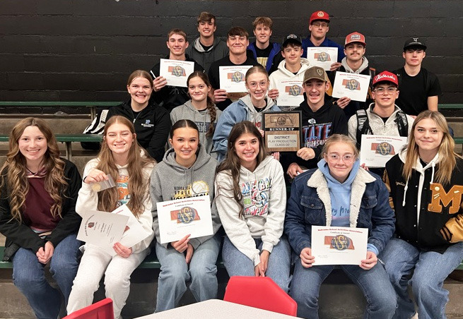 District runner-up, Mullen High School One Act, pictured front, l-r: Hope Miller, Lola Wingebach, Ady Hampton, Ella Rice, Kassidy Cheever, Georgia Wingebach. 2nd row: Maci Walz, Ava Kvanvig, Sydnee Cheever, Hunter Brown, Jack Coble. 3rd row: Cayden Hampton, Tate Kvanvig, Ben Werner, Jaylon Forsen, Cian Connealy. Back: Jacob Walker, Brandon Hardin, Daniel Wright. Kyler Horn