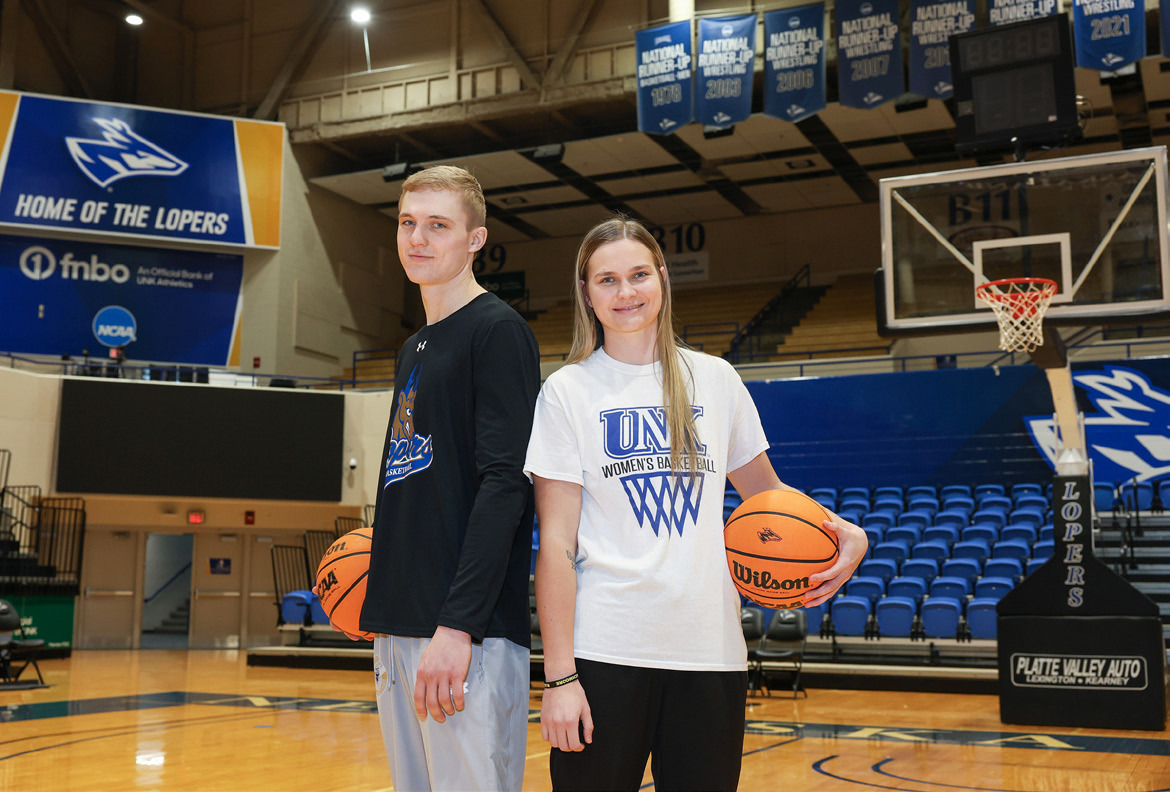 Siblings Clayton and Samantha Moore were three-sport standouts at Mullen High School. Now, they both play basketball at UNK. Erika Pritchard, UNK Communications