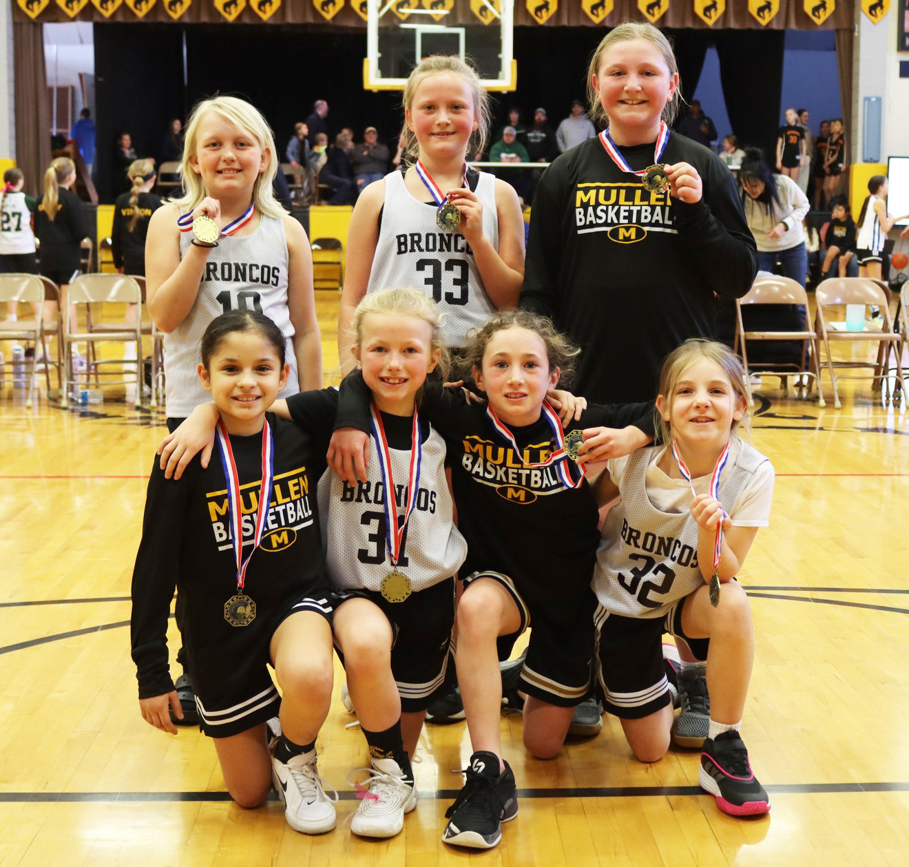 The Mullen 3rd/4th grade girls won their division of Hoops in the Hills, held at the Lariat on Saturday, Jan. 24. Pictured back, l-r: Daryl Deibler, Danielle Peterson, Tatum Deibler. Front: Abigail Gonzalez, Fallon Lee, Dailie Dent, Eve Ericksen.