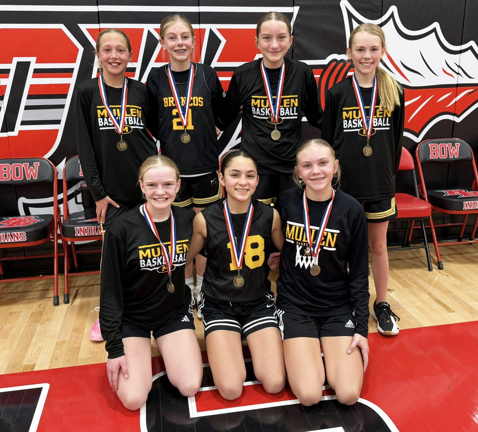 This group of Mullen girls won the 7th grade division of the Broken Bow basketball tournament on Saturday, Jan. 17 by winning against Holdrege and in overtime against Broken Bow. Pictured back, l-r: Emri Dent, Kendall Phipps, Parker Vinton, Ayden Lee. Front: Ava Walz, Luciana Gonzalez, Hadley Marsh. Jordyn Phipps