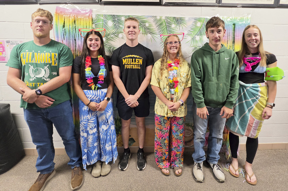 The MHS Homecoming court dressed in their “Aloha” outfits on Monday of Homecoming week, l-r: Daniel Wright, Ella Rice, Brandon Hardin, Riley Hegland, Hunter Brown, Harper Andersen. Mike Kvanvig