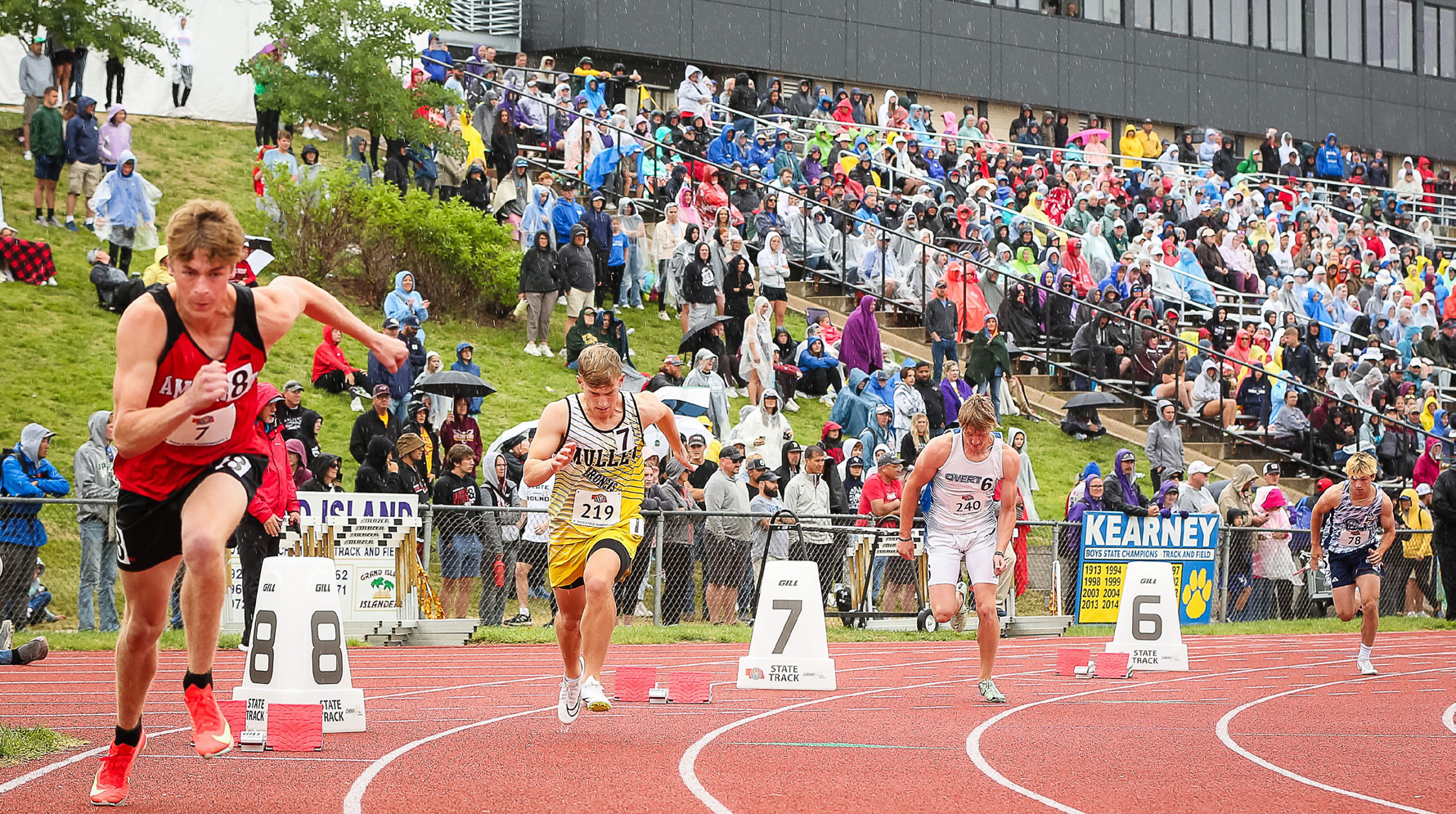 Ponchos were out in full force at the Class D State Track meet last Friday, May 23 in Omaha, as seen at the start of the Alex Werner’s 400. Megan Andersen