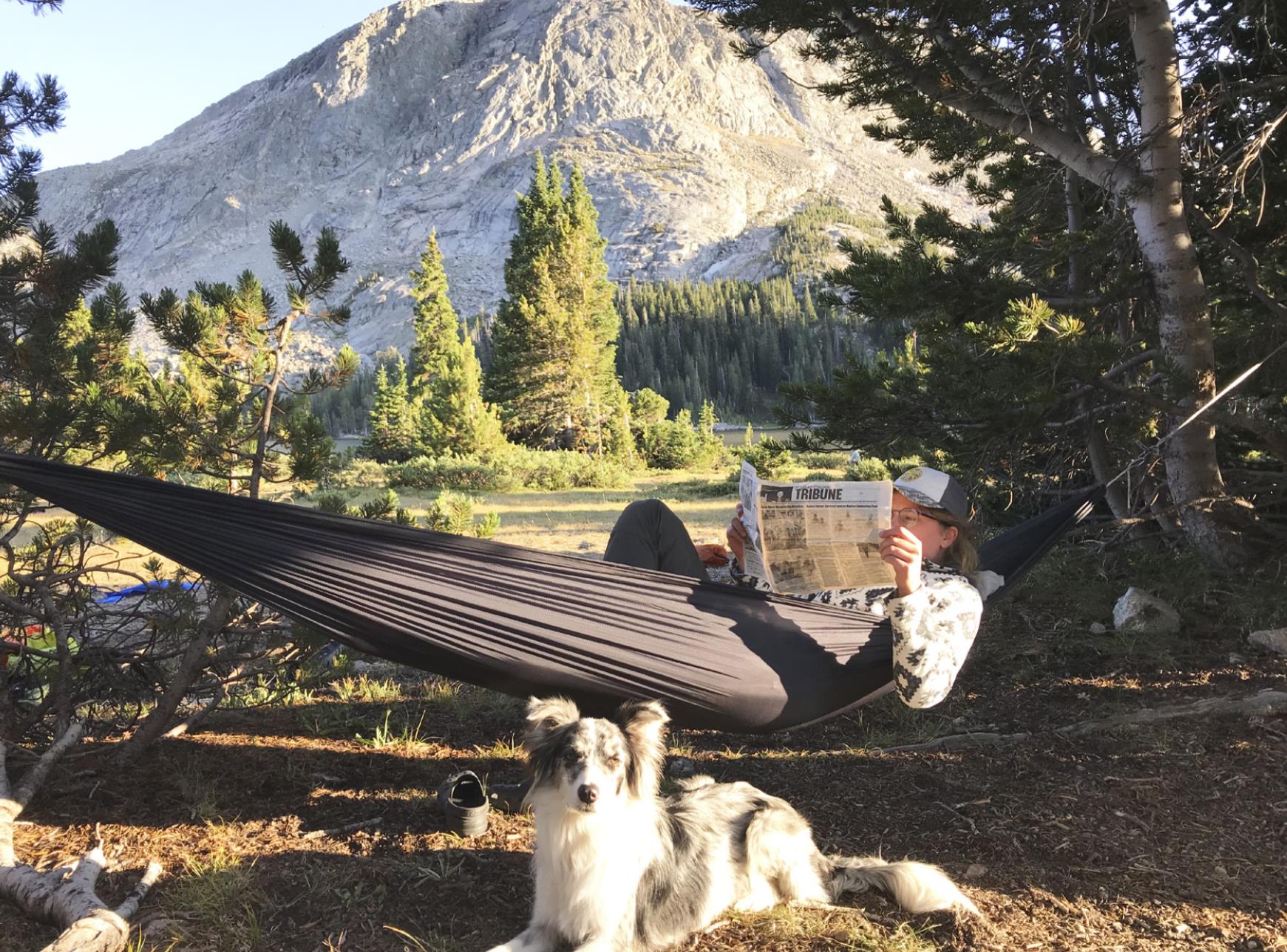 Amanda Osborn of Lincoln and Mica on a backpacking trip at Grave Lake, Popo Agie Wilderness Area, Wyoming.