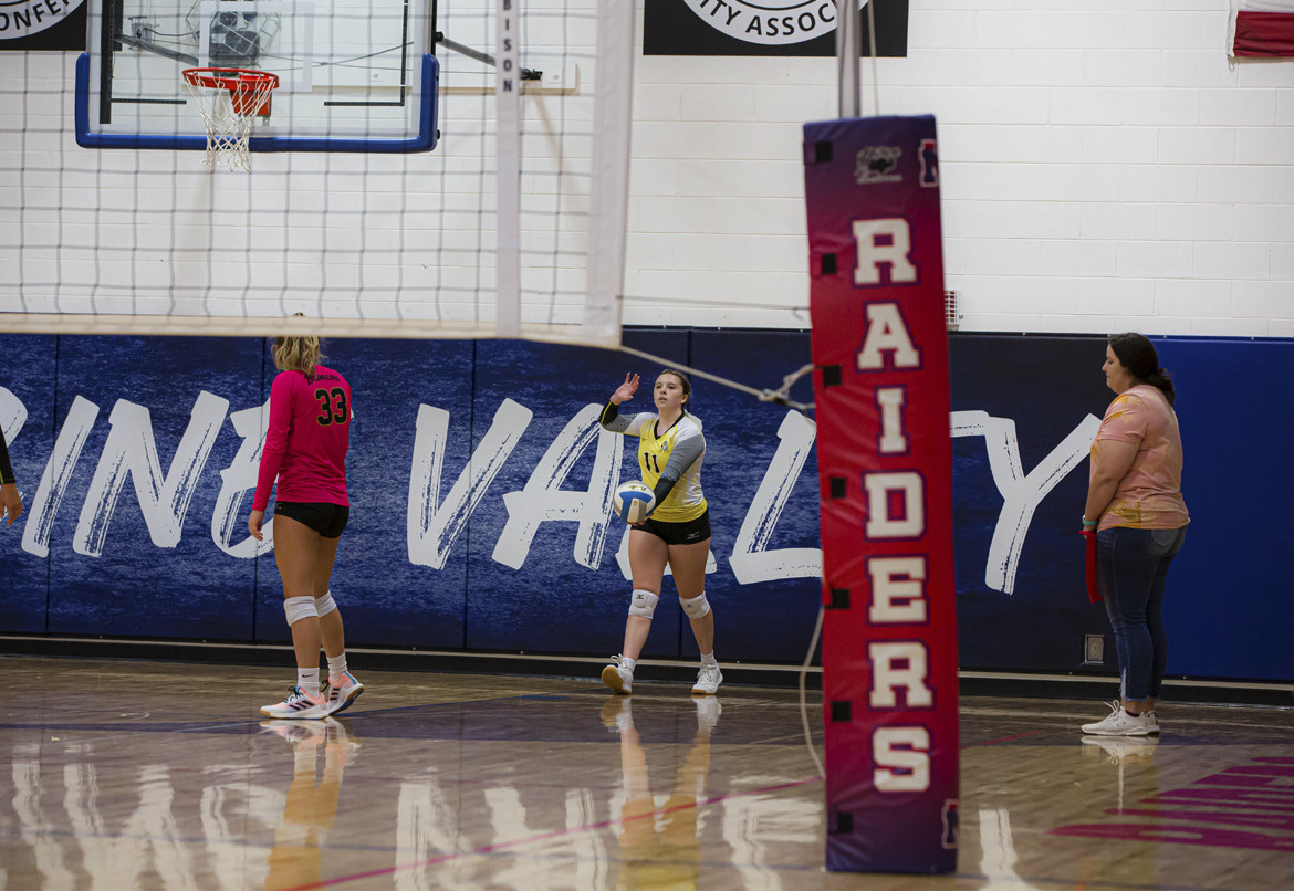 Izzy Hoyt prepares to serve at Medicine Valley, where she was 7/7 and scored 3 points for the Lady Broncos. Megan Andersen