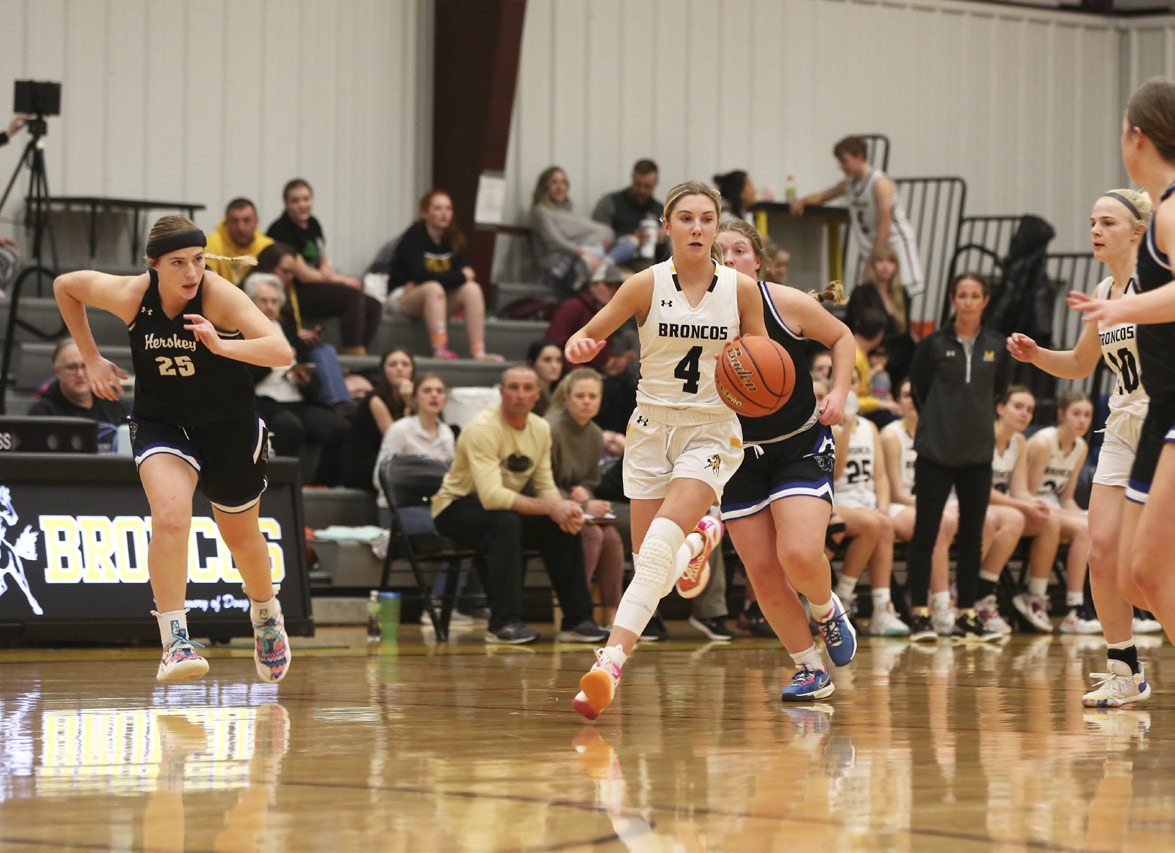 Peyton Paxton dribbles the ball up the court against Hershey. Megan Andersen