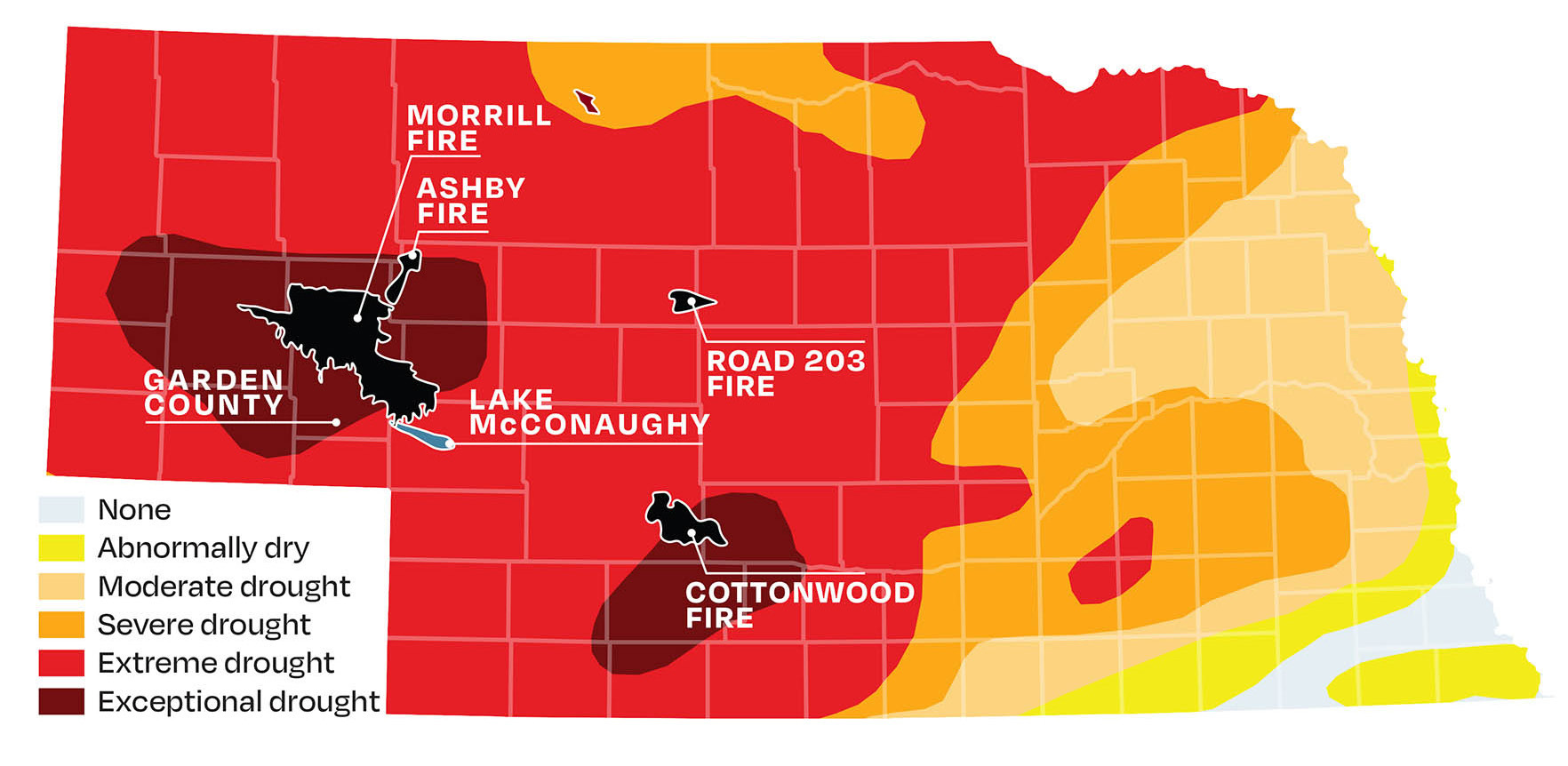 Nebraska’s mild and dry winter set up the state for major wildfires early this spring. Graphic by Quentin Lueninghoener of Hanscom Park Studios for the Flatwater Free Press. Source: U.S. Drought Monitor and wildfire.gov.