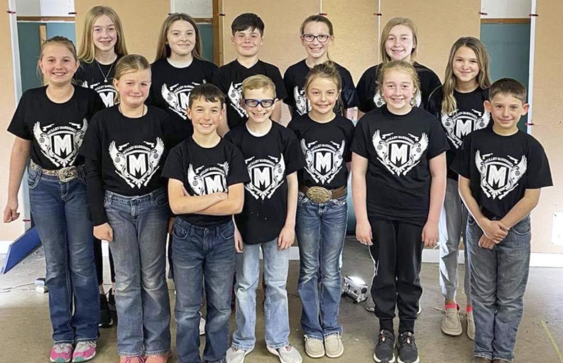 Jordyn Phipps Mullen Marksmen, pictured back l-r: Samantha Cheever, Izzy Hoyt, Cian Connealy, Hope Miller, Sydnee Cheever, Adalena Hampton. Front: Jessa O’Brien, Adelyn O’Brien, Brandt Mundorf, Oakes Miller, Kaisley Phipps, Kassidy Cheever, Colin Connealy. Not pictured: Daniel Wright, Mia Flores-Green.