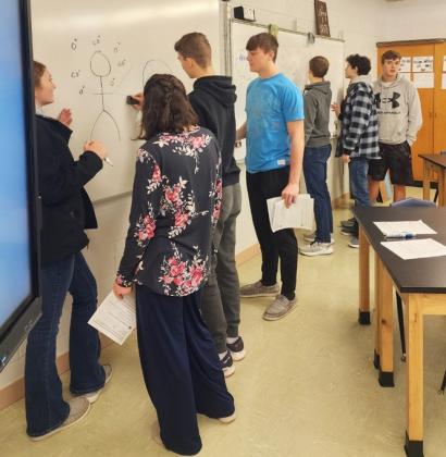In Biology the MHS sophomores have been learning about how cellular respiration works in the body and cells. They created a group model to show what they have learned in the unit. Pictured l-r: Hayley Donohoe, Orabella Heaton, Cayden Hampton, Tate Kvanvig, Alex Werner, Jaylon Forsen, Jacob Walker. Tawnee Jewell