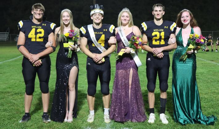 Mullen High School’s Homecoming was held last week, with the theme of Game Night. Homecoming royalty was announced following the football game against Hyannis last Friday, Sept. 26. Pictured l-r: 1st attendants Tate Kvanvig and Sydnee Cheever, King and Queen Alex Werner and Hayley Donohoe, 2nd attendants Cayden Hampton and Trinity Marks.