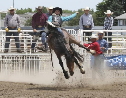 Spencer DeNaeyer on his winning bareback ride in the short go last Saturday. See page 3 for more photos from State Finals. Sandall Photography