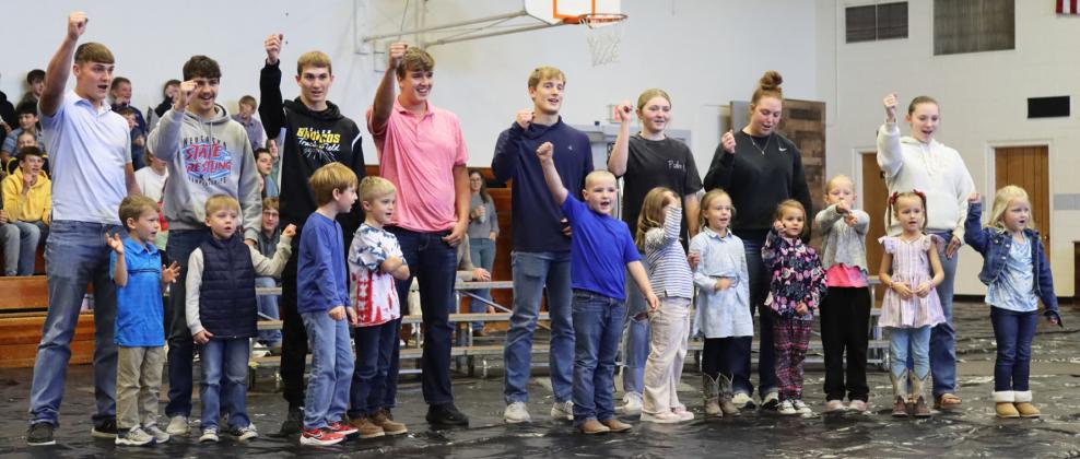 The Mullen seniors and kindergartners sang “Clap For Our Veterans” together at the Veterans Day program last week. Pictured back, l-r: Tate Kvanvig, Jaylon Forsen, Cayden Hampton, Jacob Walker, Alex Werner, Hayley Donohoe, Morgan Hassett, Trinity Marks. Front: Johnny Phillips, Martin Connealy, Clay Cribelli, Tate Seeley, Kane Simmons, Quinley Schmid, Emerson Phipps, Josey Boland, Harper Barnes, Stevie Johnson, Violet Stichka. Gerri Peterson