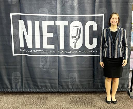 MHS senior Ashlyn Simonson competed at NIETOC (National Individual Event Tournament of Champions) hosted in Bellevue, Nebraska, May 10-12. Due to a timing calculation, she did not advance to the next round of finals. However, it was a great learning experience for all and has helped broaden the horizon of MHS speech! Liza Simonson