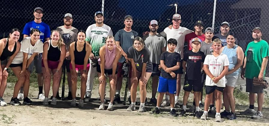 This group gathered at the Mullen baseball field to play slow pitch softball on Sunday, July 27 pictured back, l-r: Brandon Cooley, Lane Edis, Dusty Schwartz, Lance Moore, Joe Mundorf, Chase Gracey, Jarren Forsen, Nicholas Gonzalez, Wade Marsh, Lorena Gonzalez, Shelby Hardin. Front: Emily McIntosh, Calli Edis, Samantha Janda, Harlee Fischer, Kylie Dierks, Medora DeNaeyer, Lorenzo Gonzalez, Kyler Marsh, Carson Hegland. Not pictured: Jaci Hettinger and Malia Oltmer. Barb McIntosh
