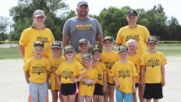 T-ball team, l-r: Killian Kearns, Aislynn Connealy, Eve Ericksen, Danielle Peterson, Aurora Polt, Charlotte Raudsepp, Sadie Hoyt, Tate Phillips, Daryl Deibler, Marcus Lattin. Coaches, l-r: Jessica Polt, Casey Phillips, Justa Deibler. Not pictured: Finnegan Connealy, Holt Morrison, Merick Lattin. Gerri Peterson