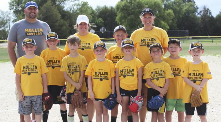 Coach pitch team, l-r: Zach Hicks, Duke Miller, Tuff Pettit, Sadie Hoyt, Caleb Deibler, Lillian Ericksen, Finley Mundorf, Cooper Phillips, Braxton Spencer. Coaches, l-r: Casey Phillips, Cece Coons, Justa Deibler.
