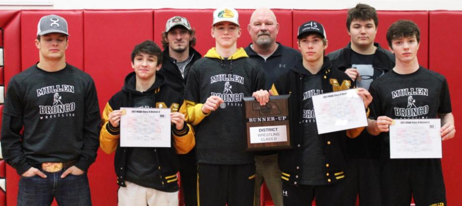 State Wrestling qualifiers, l-r: Spencer DeNaeyer, Jeffery Forsen, Coach Bo Pettit, Chase Gracey, Coach Russ Monette, Eli Paxton, Isaac Welch, Kyle Durfee. Kris Forsen