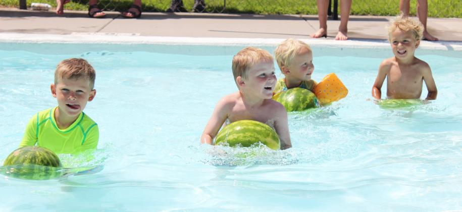 L-r: Johnny Phillips, Aiden Stichka, Arthur Polt and Burke Mundorf competing in the 0-3 year old boys Watermelon Race.